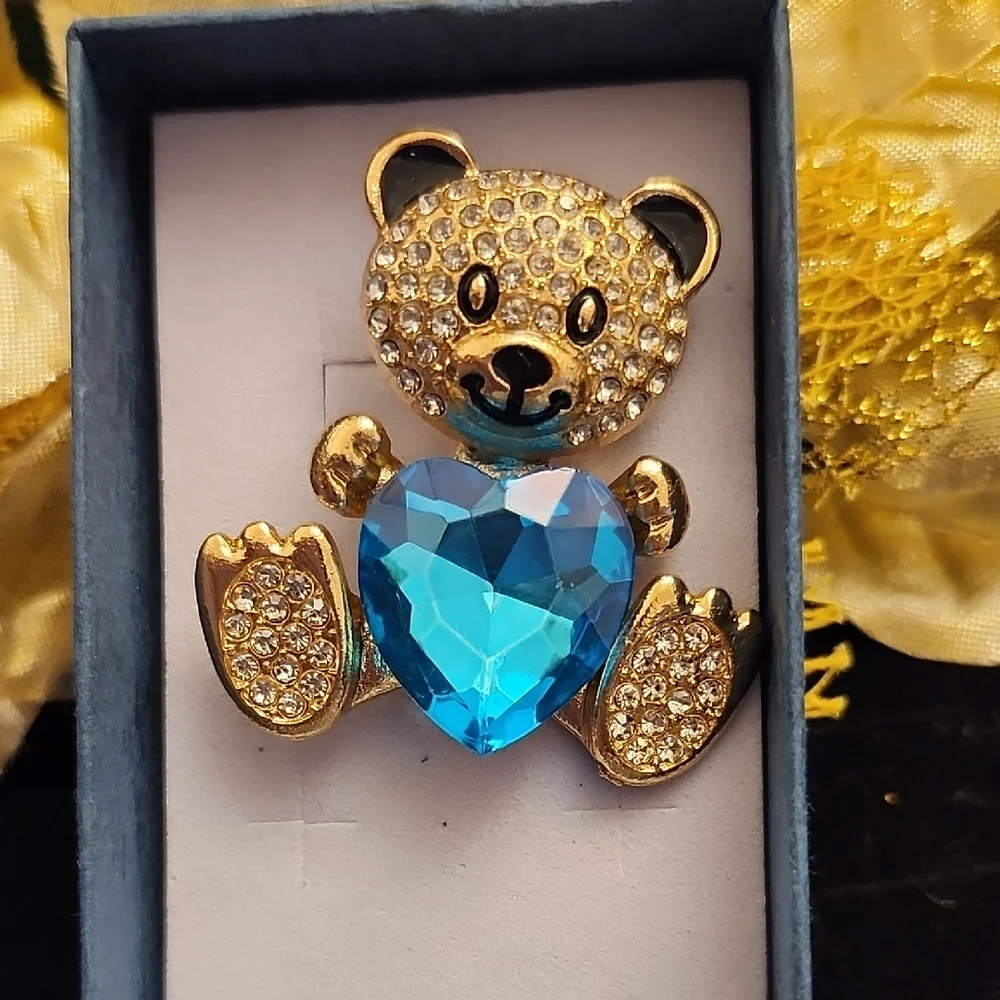 Sparkling Gold and Blue Heart Bear Brooch